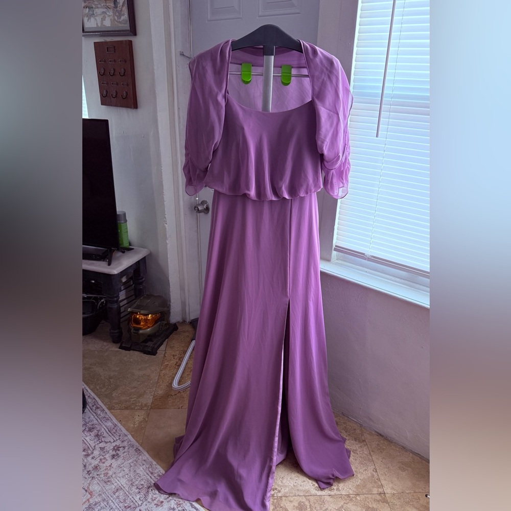 Azazie Lavender Flowing Prom Dress / Wedding with sheer shrug.